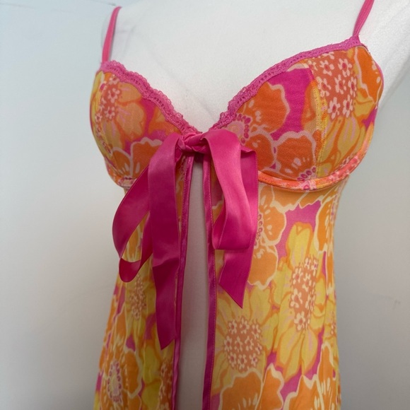 Y2K Floral Sheer Babydoll Top Pink Orange Ribbon Bow Coquette Lingerie M - Picture 5 of 8